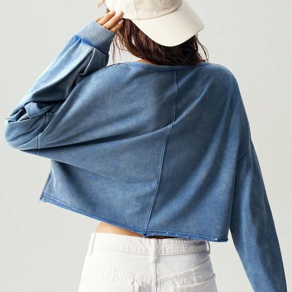 Blue Casual Women's V-Neck  Long Sleeve Loose Pullover Sweatshirt - Picture 3 of 8